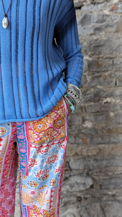 Multi Colour Floral Printed Lightweight Pant with Pockets- Pink Green White Blue