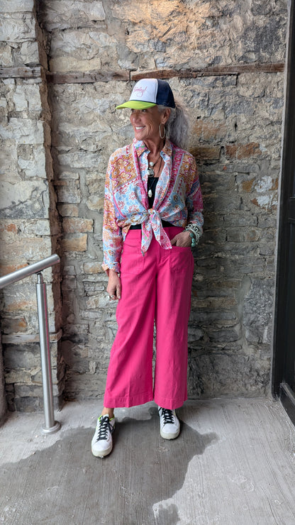 Multi Colour Floral Printed Lightweight Oversized Shirt- Pink Green White Blue