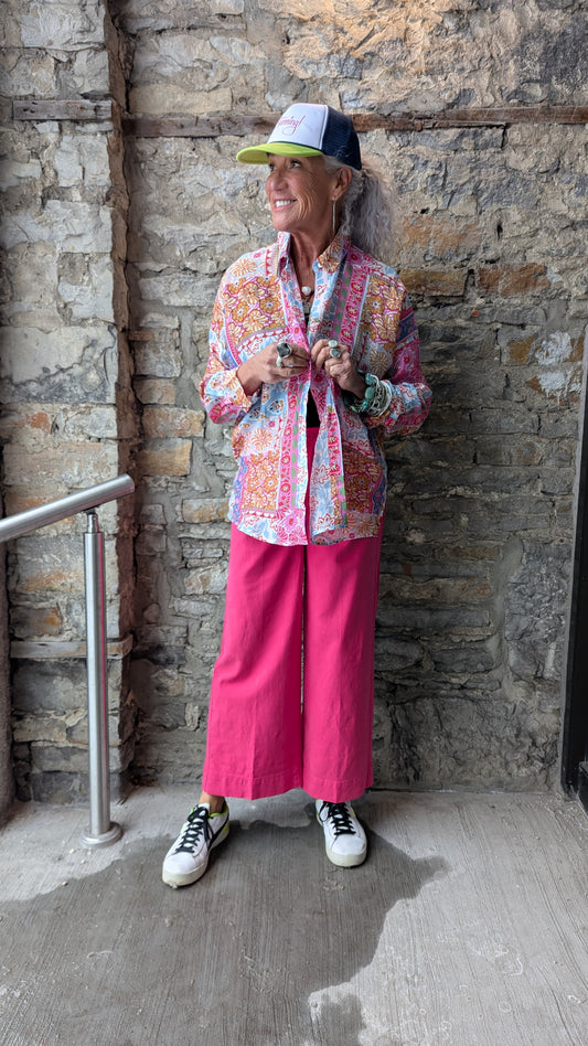 Multi Colour Floral Printed Lightweight Oversized Shirt- Pink Green White Blue