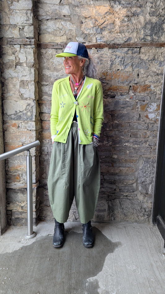 Cotton Button Front Cardigan with Multicolour Embroidery- LIME