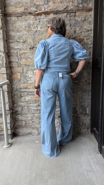 Stretch Cotton Puff Sleeve Cropped Denim Jacket