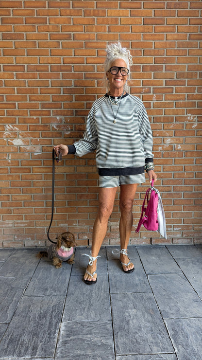 100% Cotton Relaxed Fit Grey & White Striped Shorts