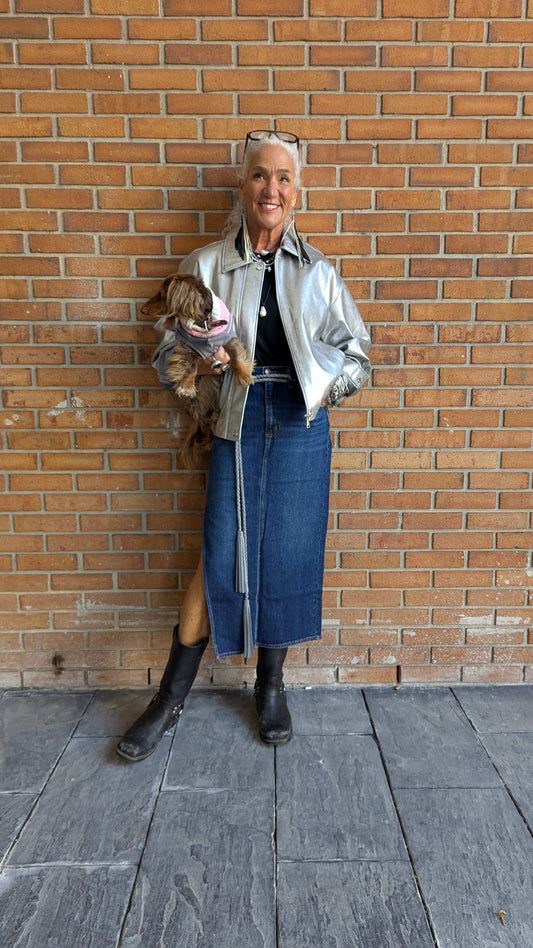 Denim Maxi Skirt with Slit- Dark Denim