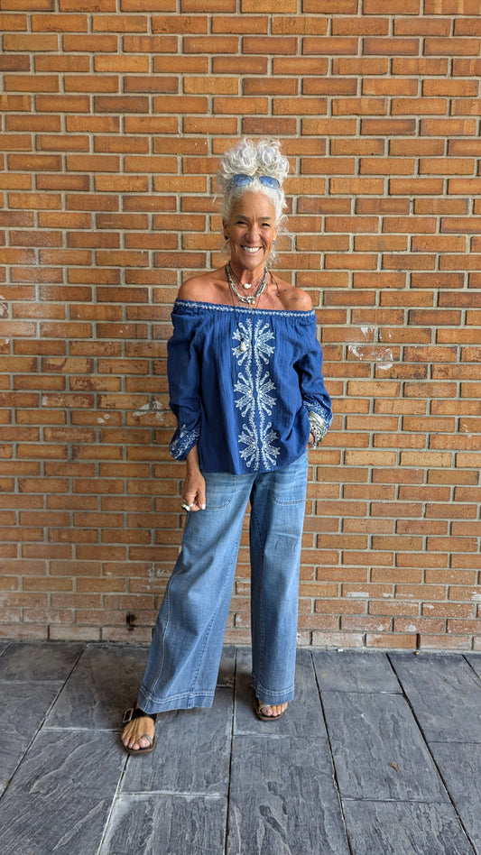 100% Waffle Cotton Relaxed Fit Embroidered Top - NAVY