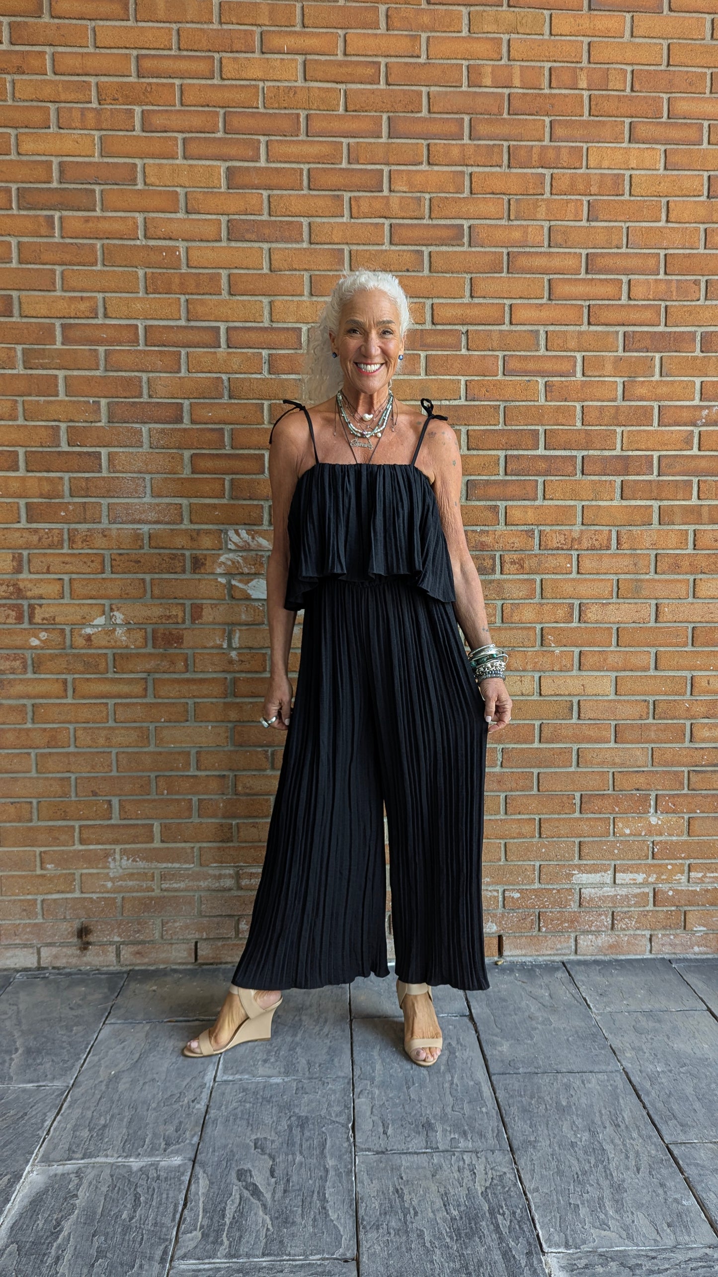 Pleated Wide Leg Jumpsuit - BLACK