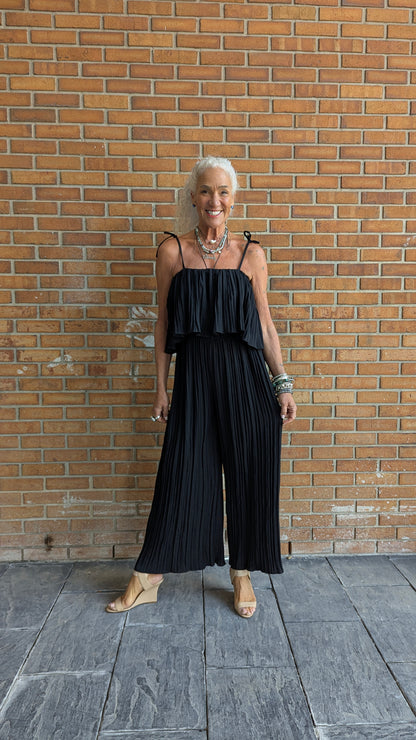 Pleated Wide Leg Jumpsuit - BLACK