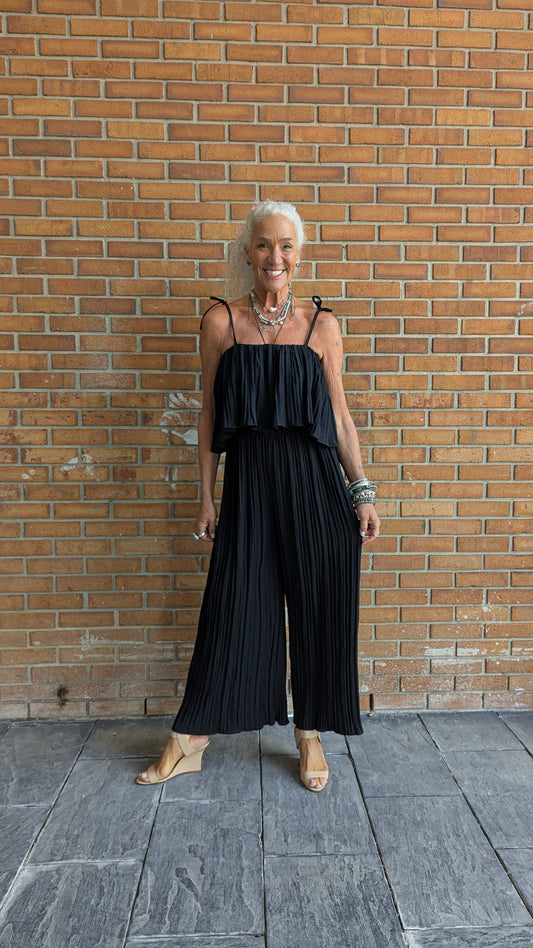 Pleated Wide Leg Jumpsuit - BLACK