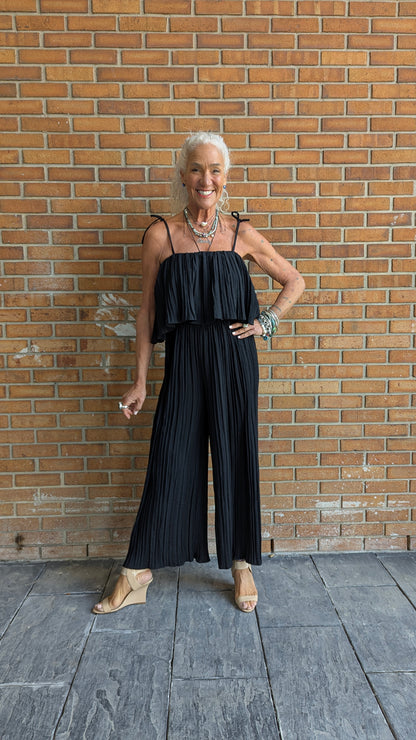 Pleated Wide Leg Jumpsuit - BLACK