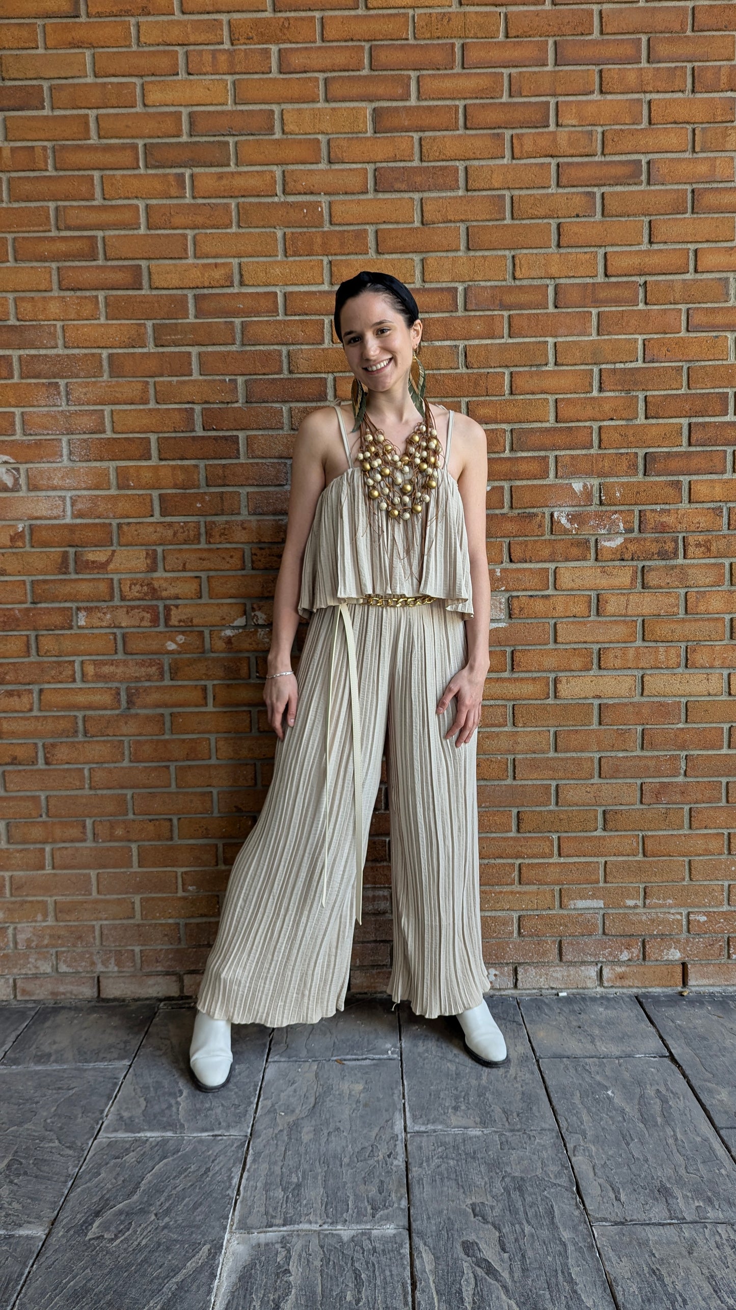 Pleated Wide Leg Jumpsuit - BEIGE