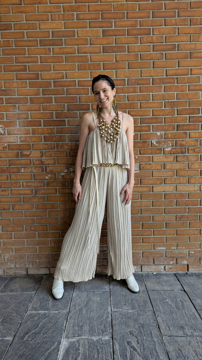 Pleated Wide Leg Jumpsuit - BEIGE