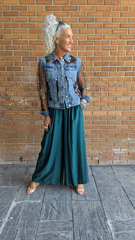 Lightweight Wide Leg Silk Blend Pant - Emerald Green