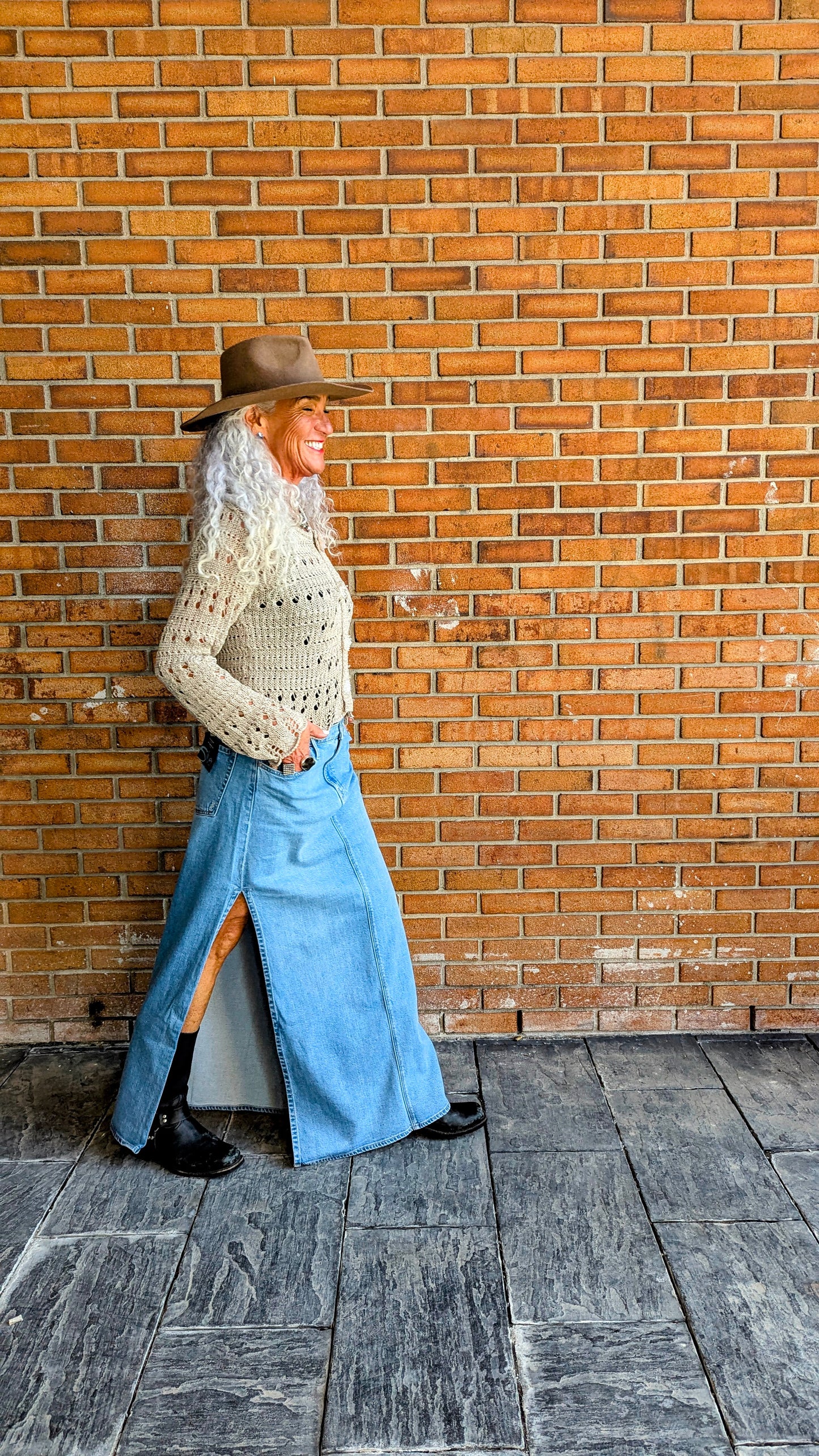 Denim Maxi Skirt with side slits- Light Denim Wash