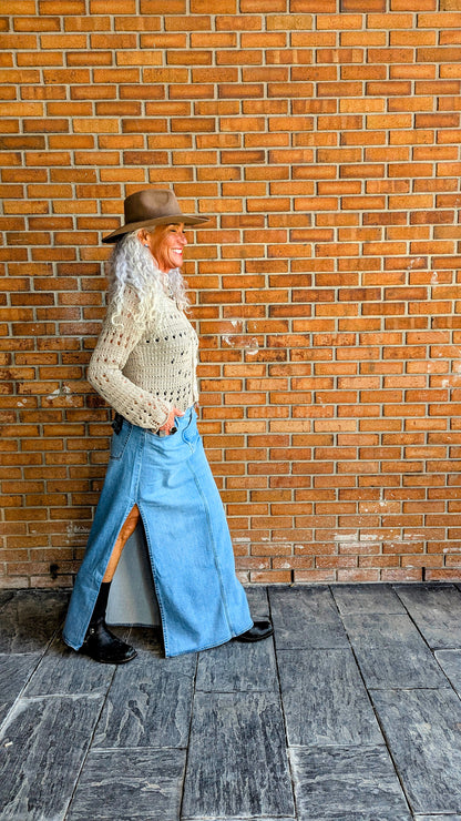 Denim Maxi Skirt with side slits- Light Denim Wash