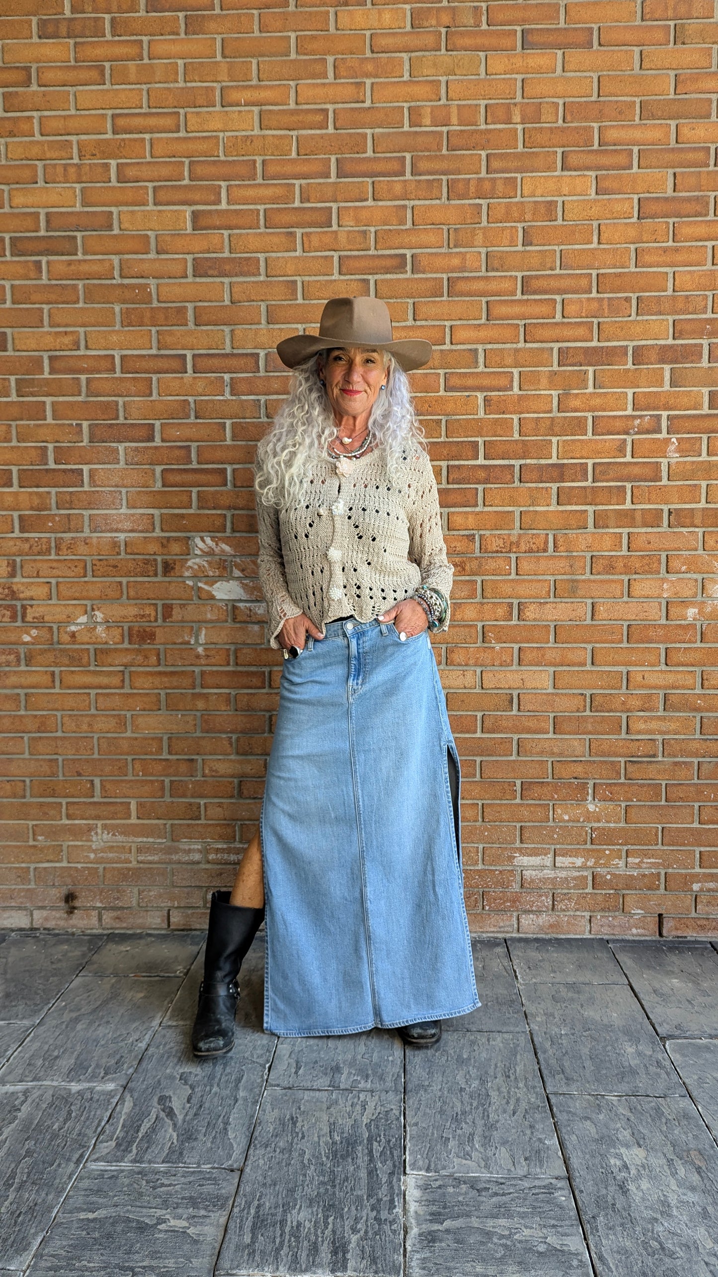 Denim Maxi Skirt with side slits- Light Denim Wash