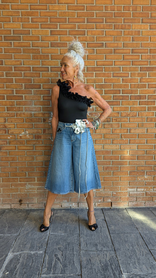 Black One Shoulder Ruffle Bodysuit