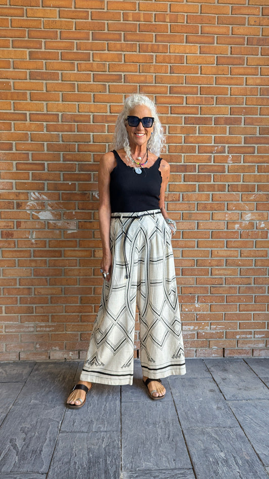 Linen Palazzo Wide Leg Pattern Pant with Pockets- BEIGE & BLACK