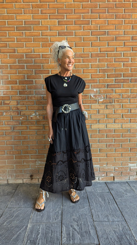 100% Cotton Eyelet Skirt with Pockets- BLACK