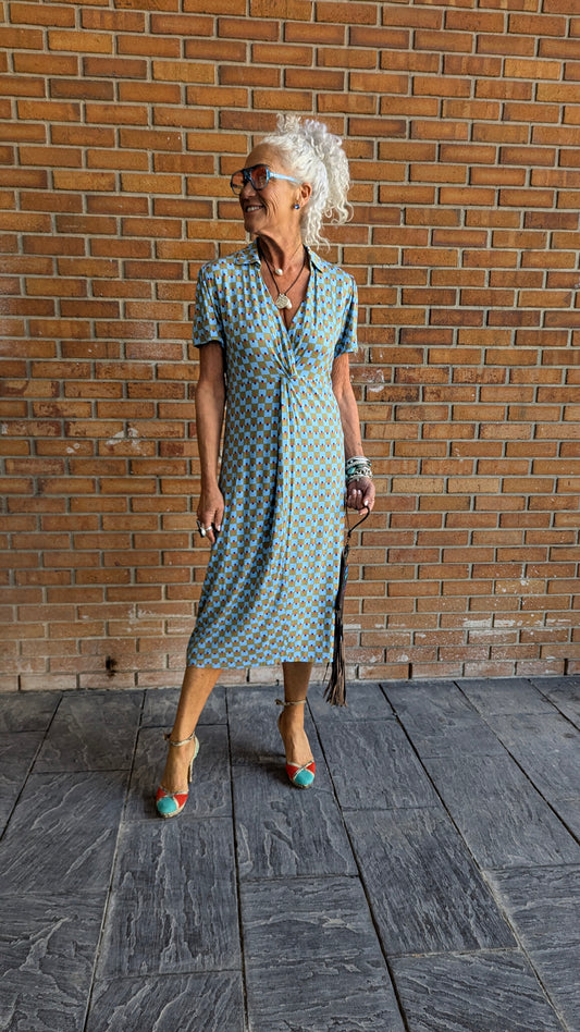 V-neck Short Sleeve Retro Printed Midi Dress - BLUE