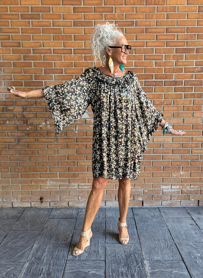 Floral Ruffled Sleeve A-line Dress