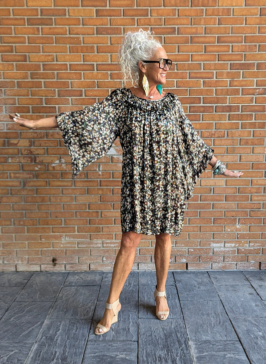 Floral Ruffled Sleeve A-line Dress
