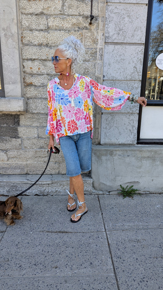 Multicolour Floral Balloon Sleeve Peasant Top