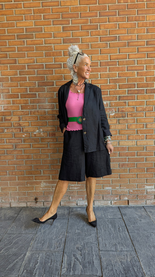 100% Linen Blazer and Flat Front Culotte 2PC SET - BLACK