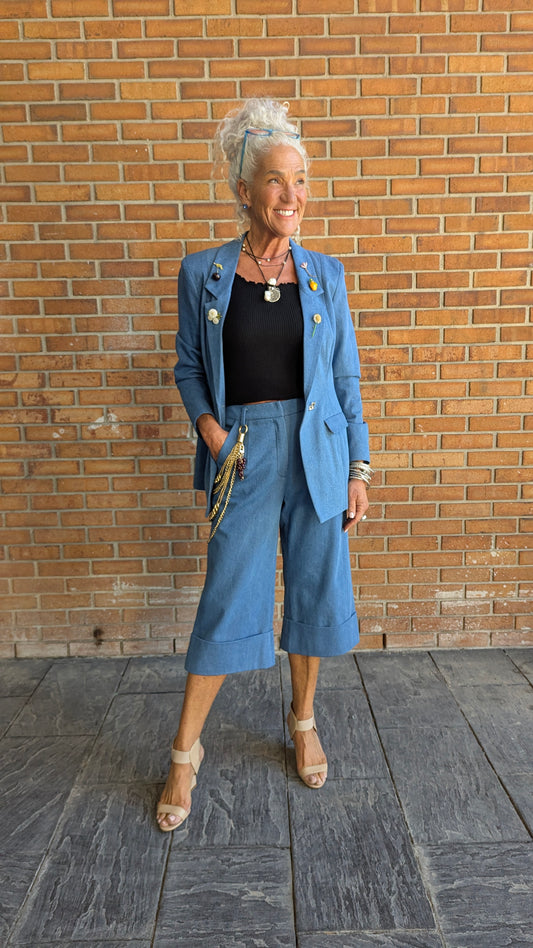 100% Cotton Denim Blazer with Assorted Brooches