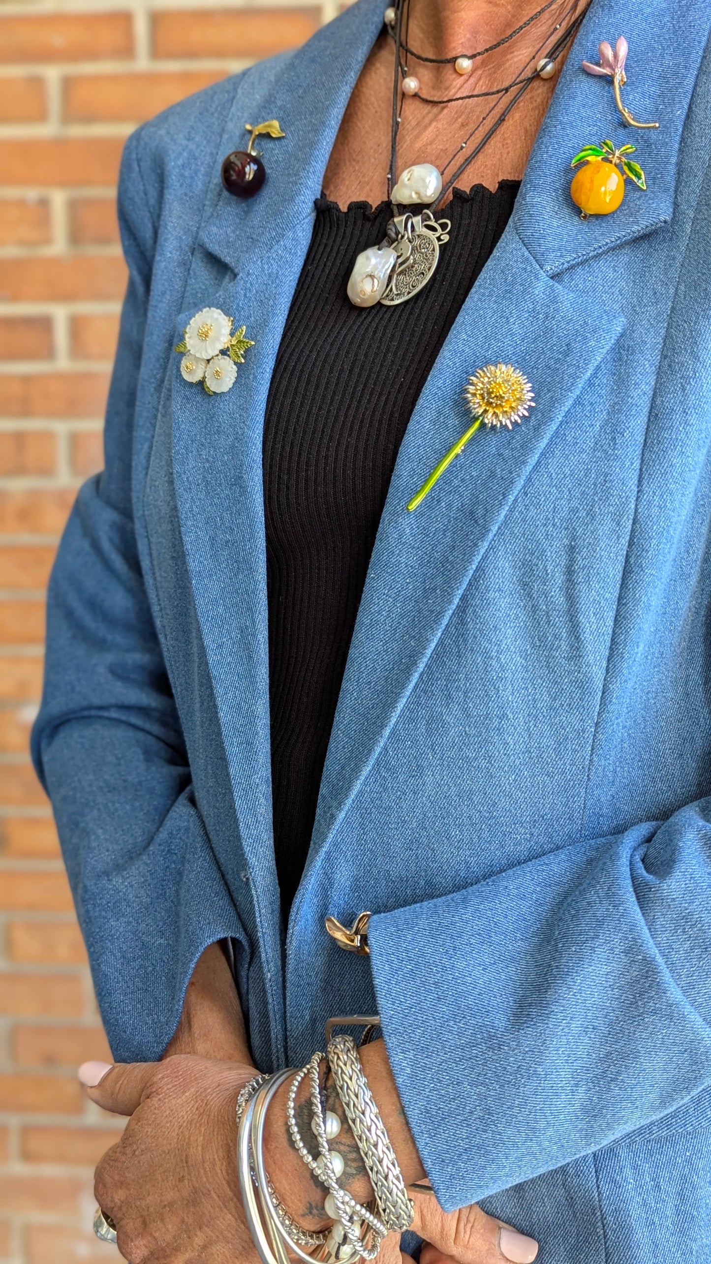 100% Cotton Denim Blazer with Assorted Brooches