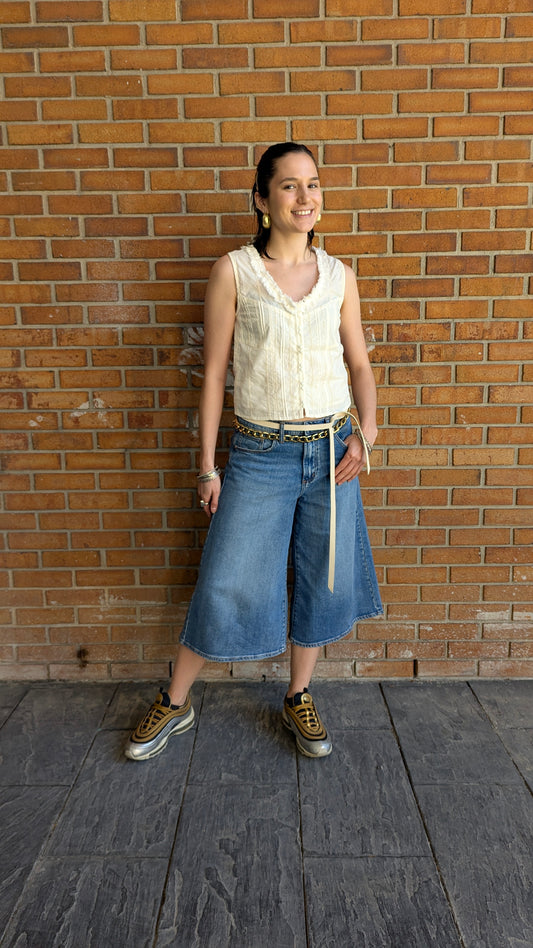 100% Cotton Eyelet Vest Top with Ruffled Detail - IVORY