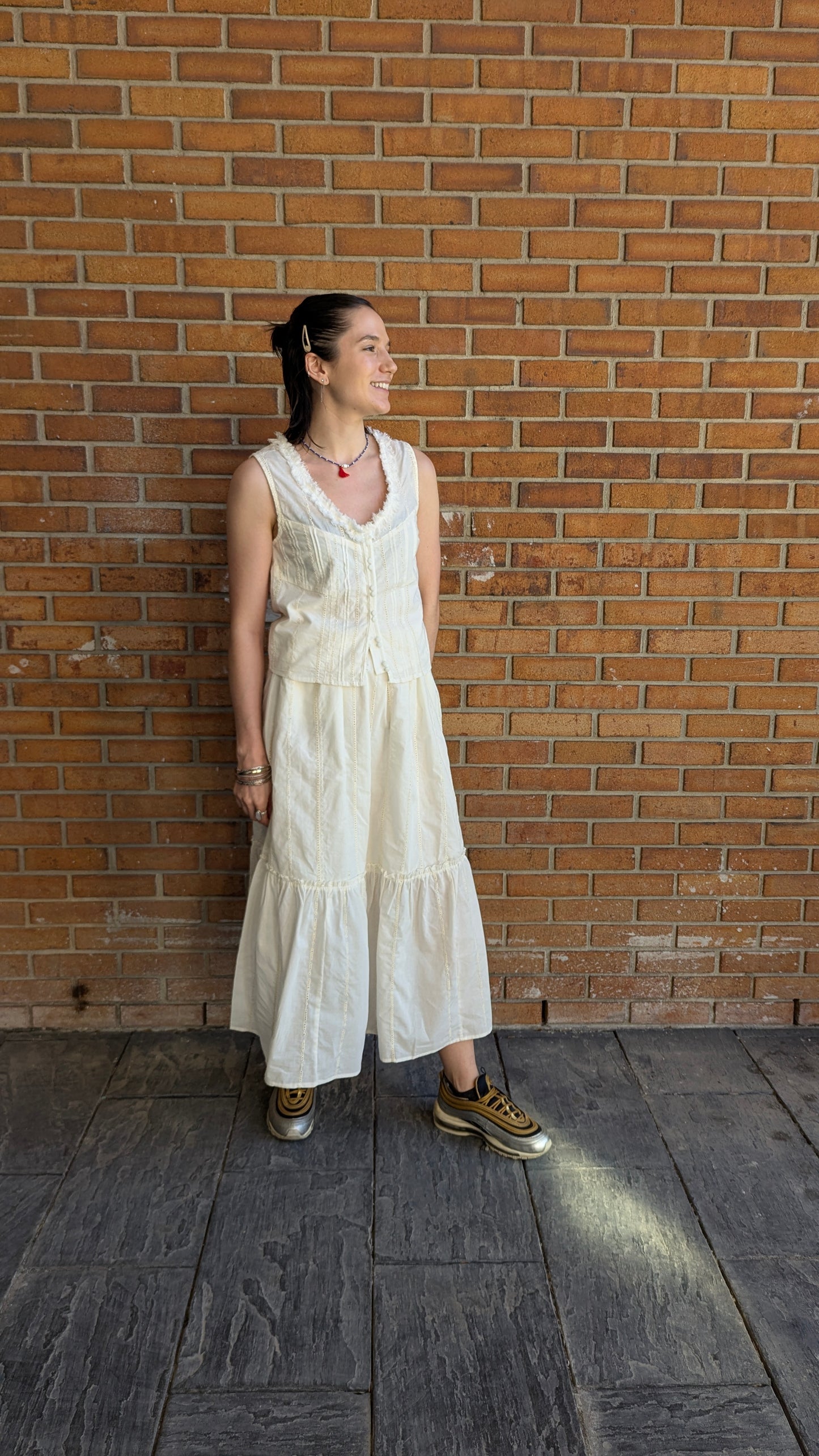100% Cotton Eyelet Vest Top with Ruffled Detail - IVORY
