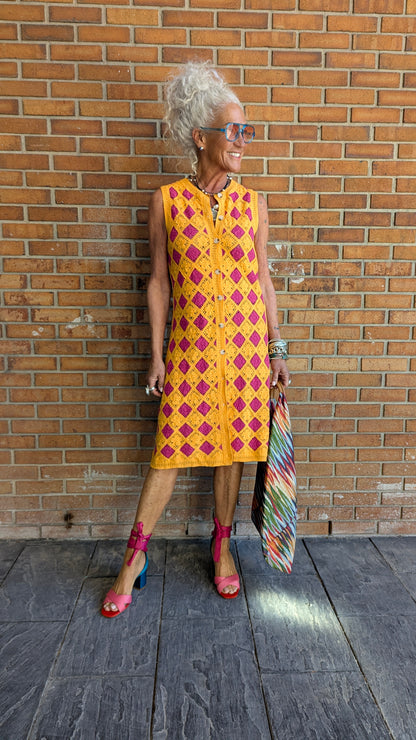Cotton Crochet Midi Length Sleeveless Duster  - ORANGE & PINK