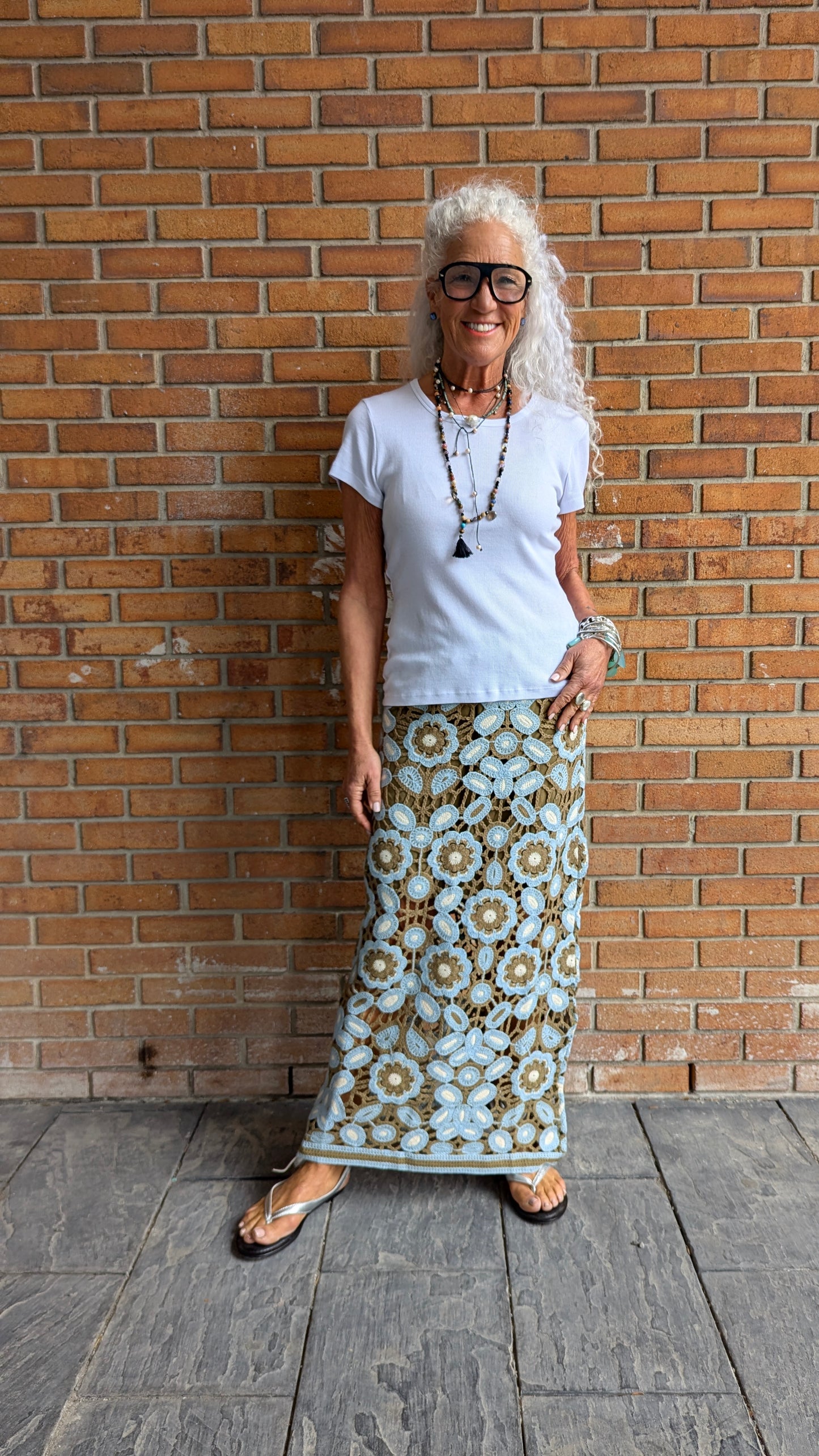 Cotton Crochet Knit Skirt - FLORAL OLIVE