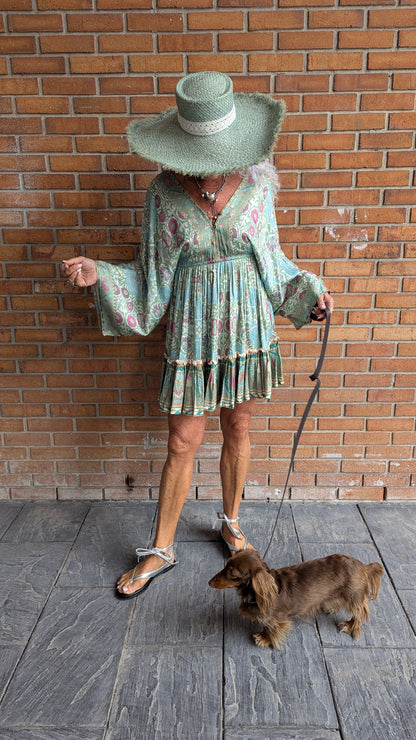Short Floral Caftan Dress with Ruffle Detailing - GREEN & BLUE