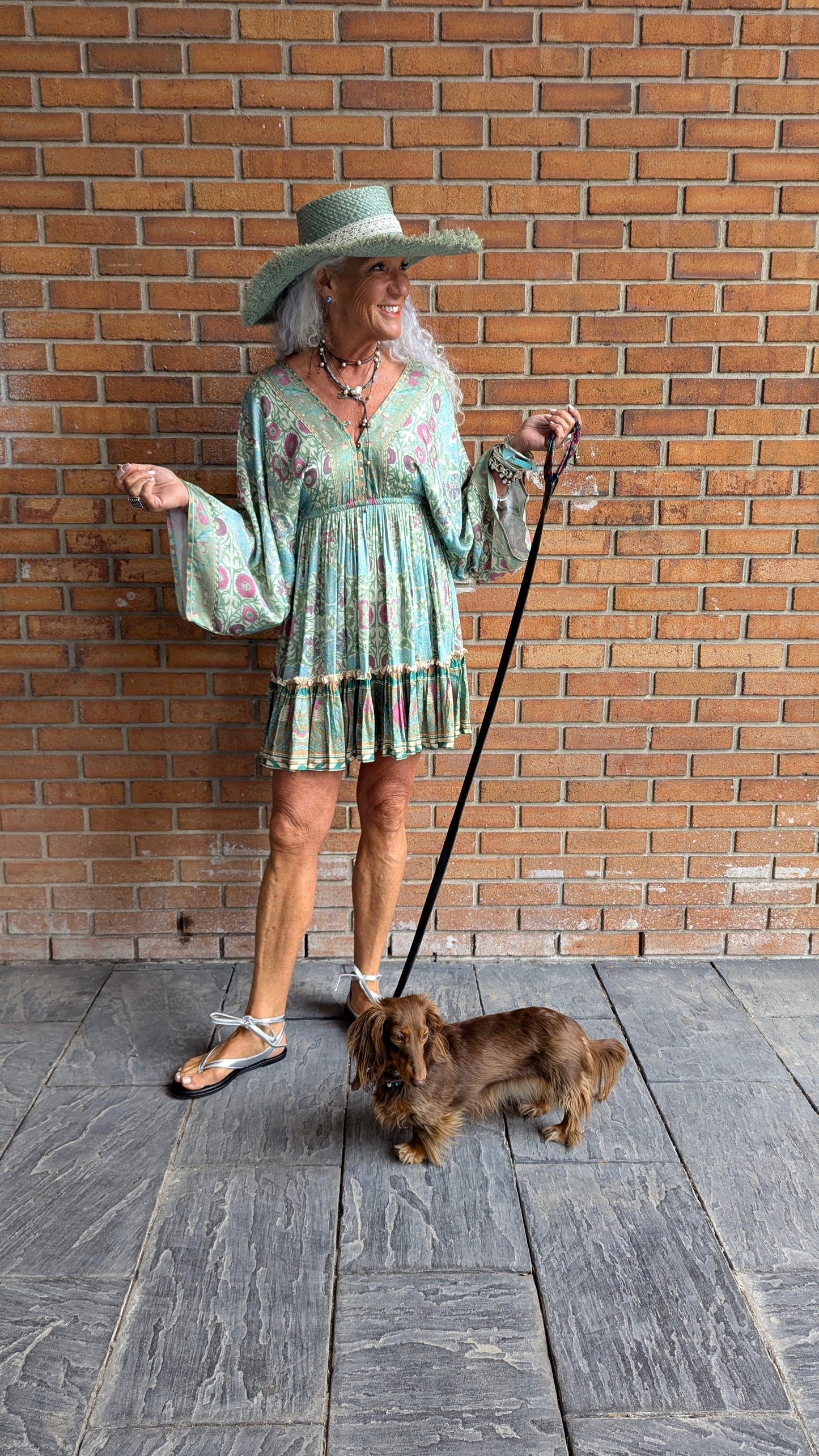 Short Floral Caftan Dress with Ruffle Detailing - GREEN & BLUE