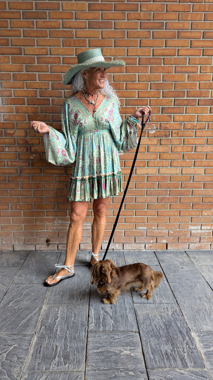 Short Floral Caftan Dress with Ruffle Detailing - GREEN & BLUE