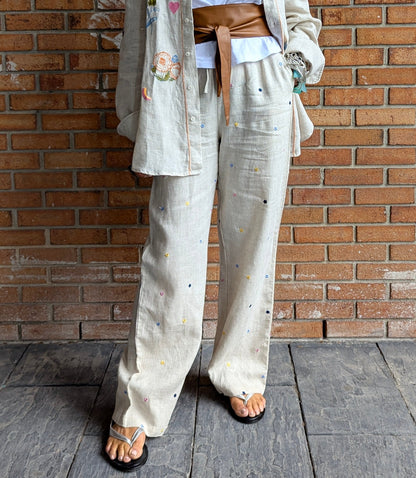 100% Linen Relaxed Pant with Pockets- Natural with Multi Colour Embroidery