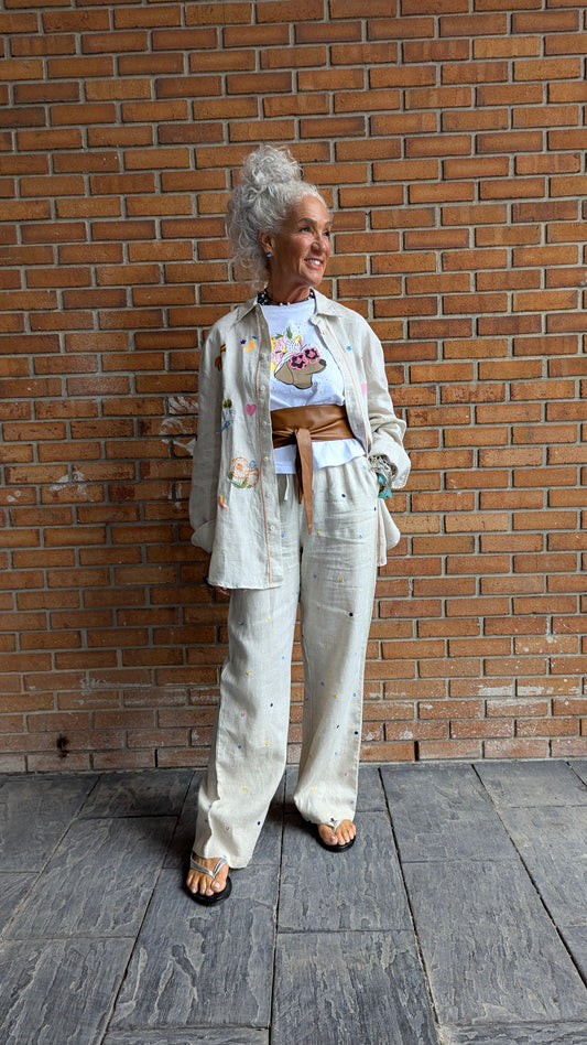 Oversized 100% Linen Shirt with Multi Colour Embroidery- Natural
