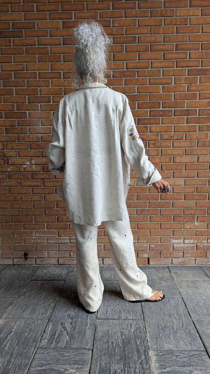 Oversized 100% Linen Shirt with Multi Colour Embroidery- Natural