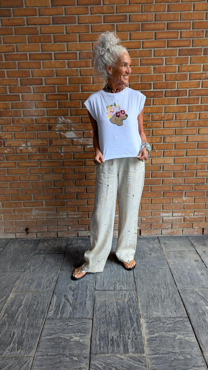 Daschund Print and Floral 100% Cotton Cap sleeve T-shirt - WHITE