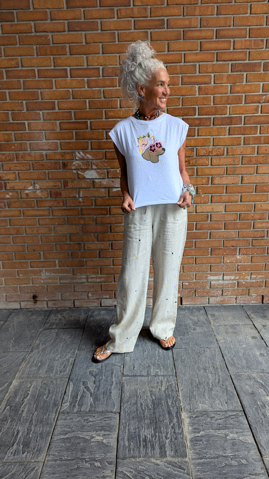 100% Cotton Cap sleeve T-shirt with Dachshund Print - WHITE
