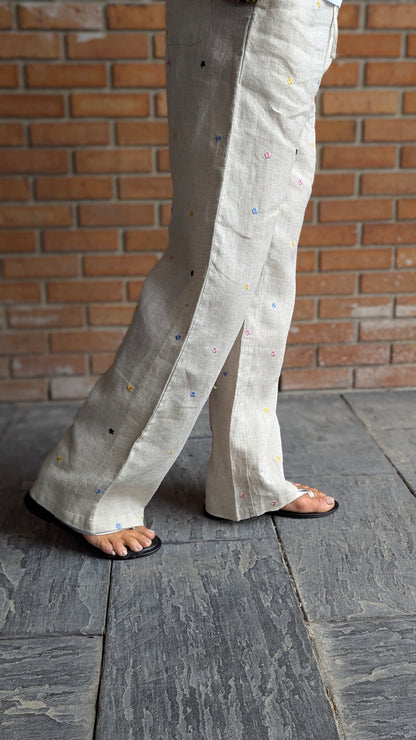 100% Linen Relaxed Pant with Pockets- Natural with Multi Colour Embroidery