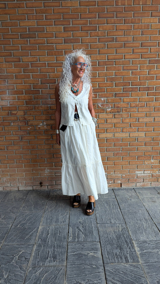 100% Cotton Eyelet Vest Top with Ruffled Detail - IVORY