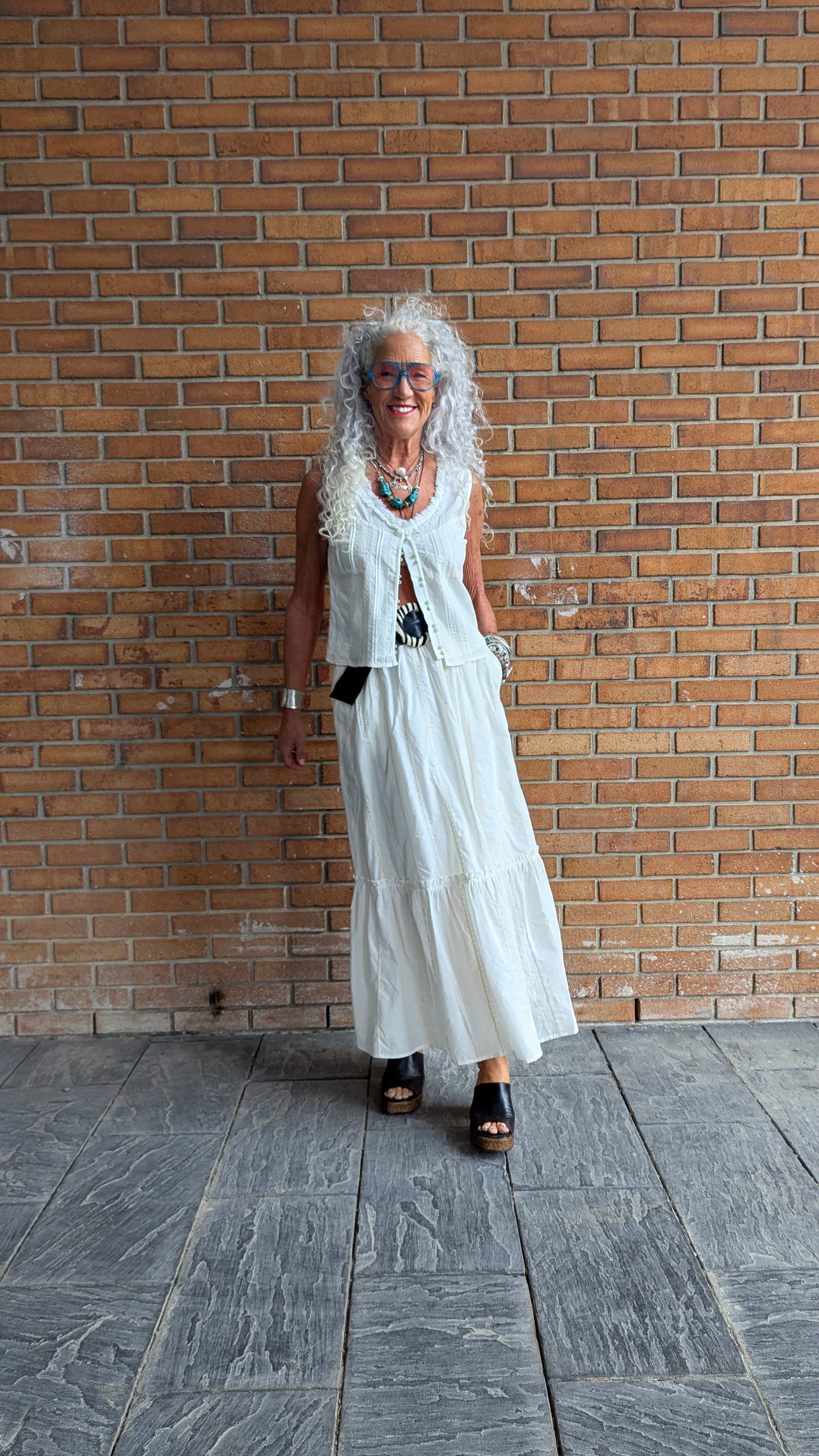100% Cotton Eyelet Tiered Maxi Skirt -IVORY