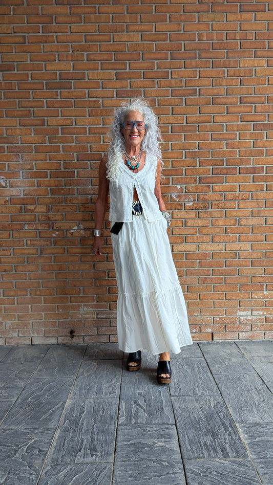 100% Cotton Eyelet Tiered Maxi Skirt -IVORY