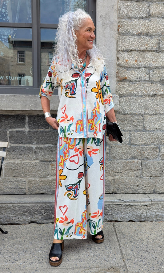 Linen Multicolour Button Down Shirt and Wide Leg Pant 2PC SET