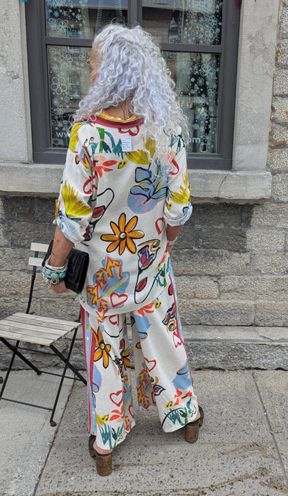 Linen Multicolour Button Down Shirt and Wide Leg Pant 2PC SET