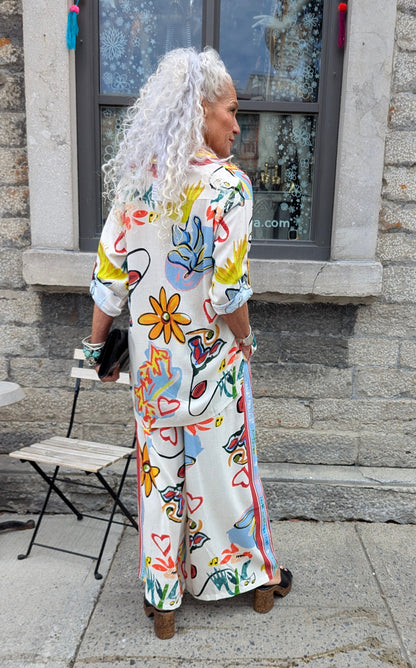 Linen Multicolour Button Down Shirt and Wide Leg Pant 2PC SET