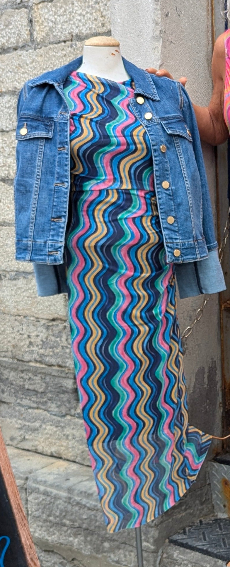 Multicolour Patterned Fitted Mesh Midi Dress - NAVY MIX
