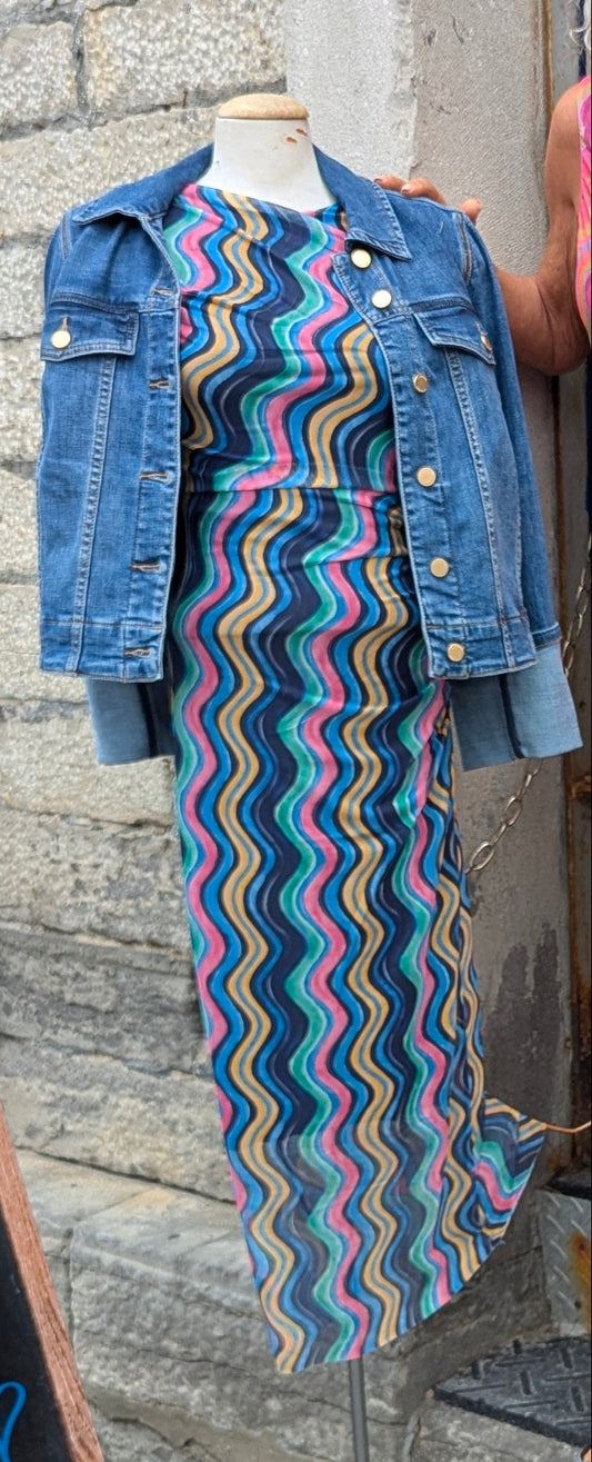 Multicolour Patterned Fitted Mesh Midi Dress - NAVY MIX