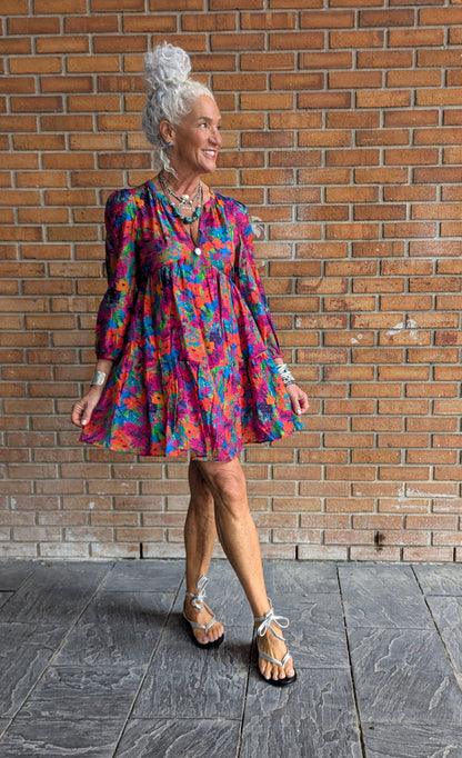 Lightweight Multicolour Tiered Empire Floral Dress - PINK, ORANGE, GREEN